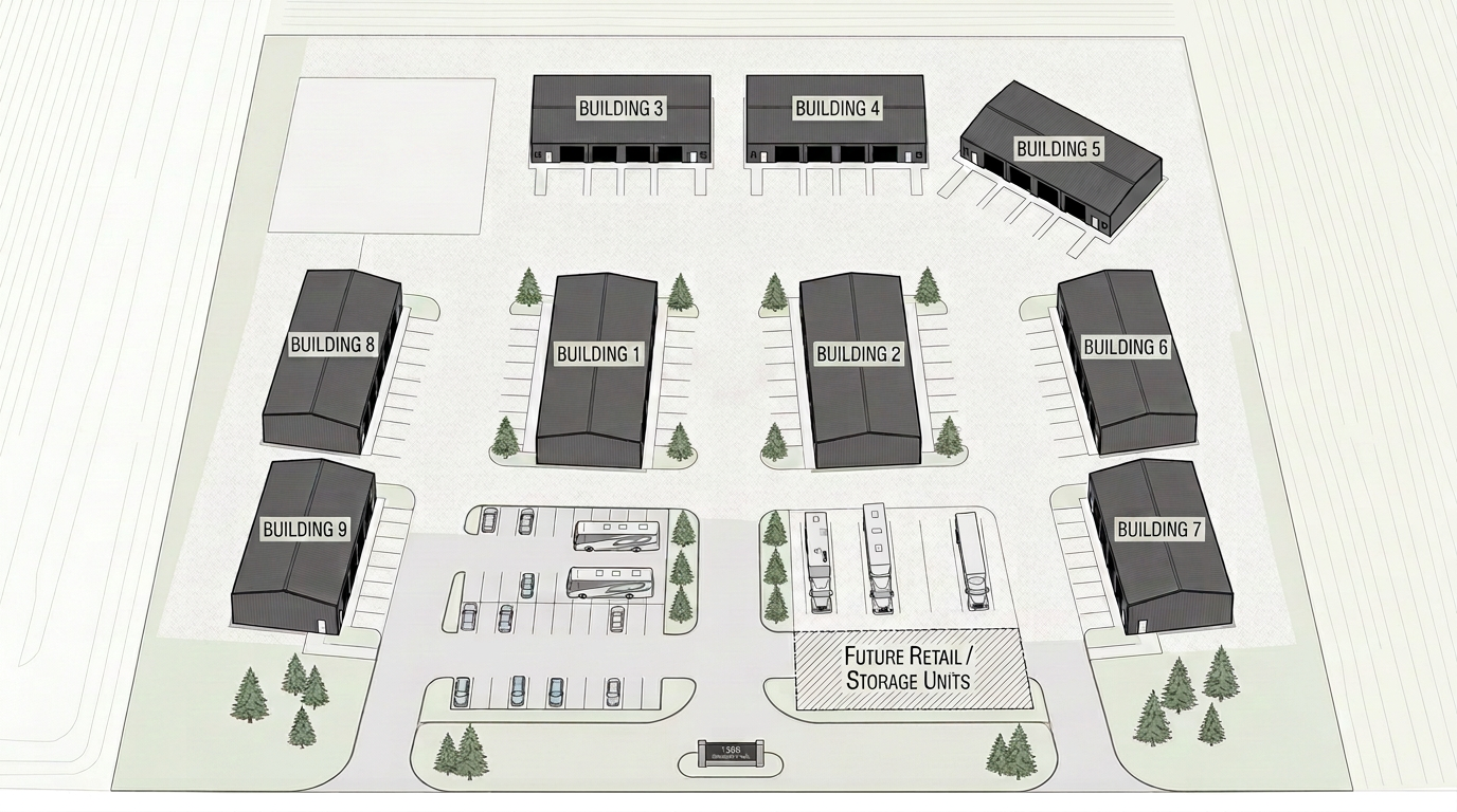 Site plan of the 1385 Business Park property showing the U-shaped building layout with parking and future retail/storage pad