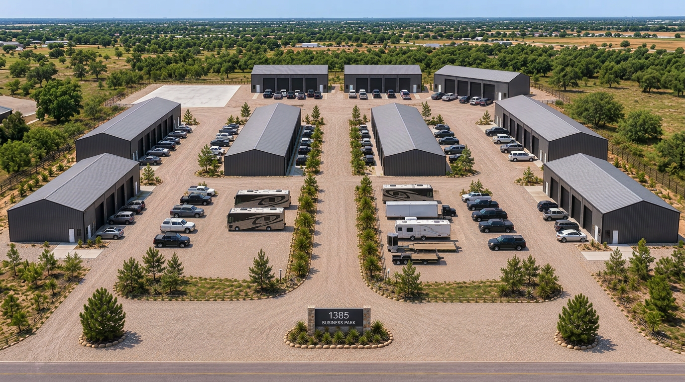 Rendering of the future park: dark grey flex buildings in a horseshoe layout with crushed concrete drives