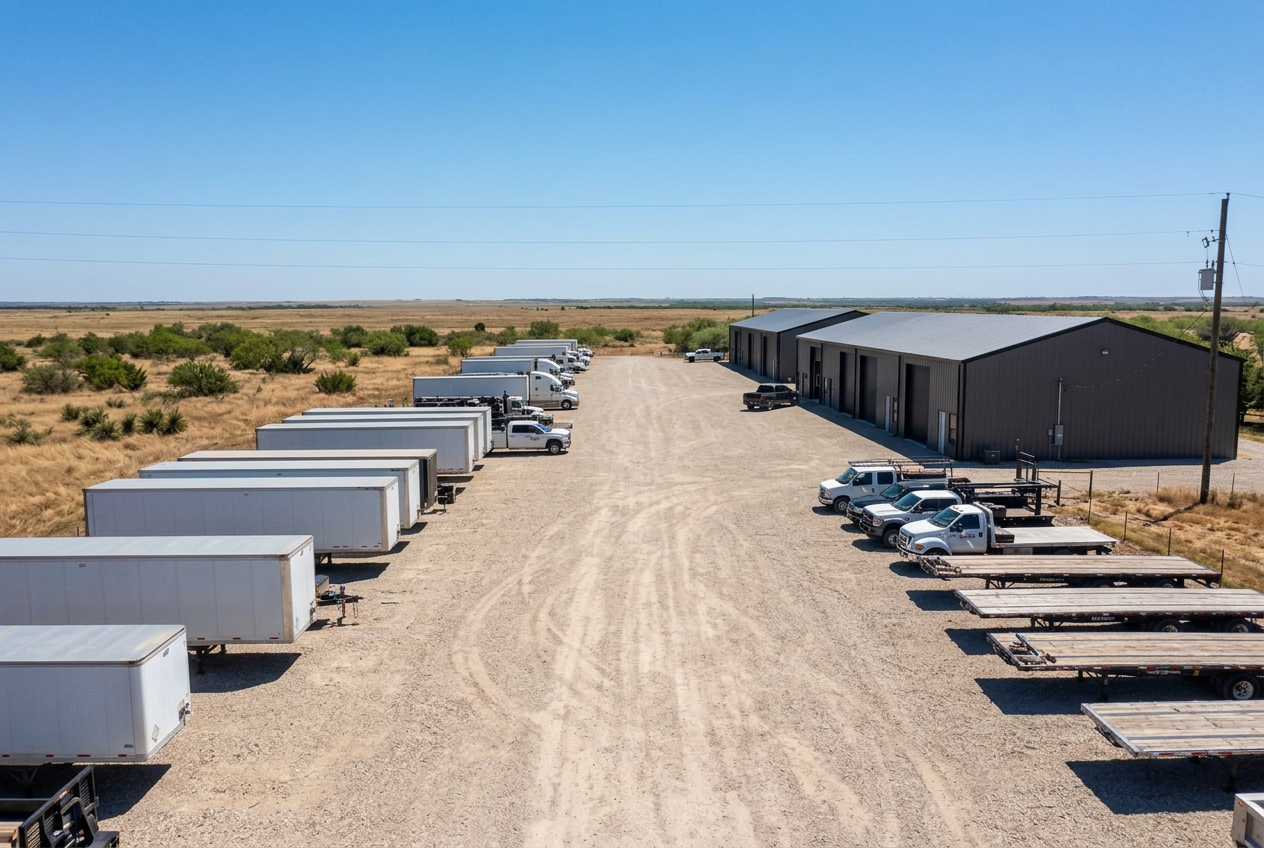 Trailers and work trucks on the crushed concrete commercial parking yard