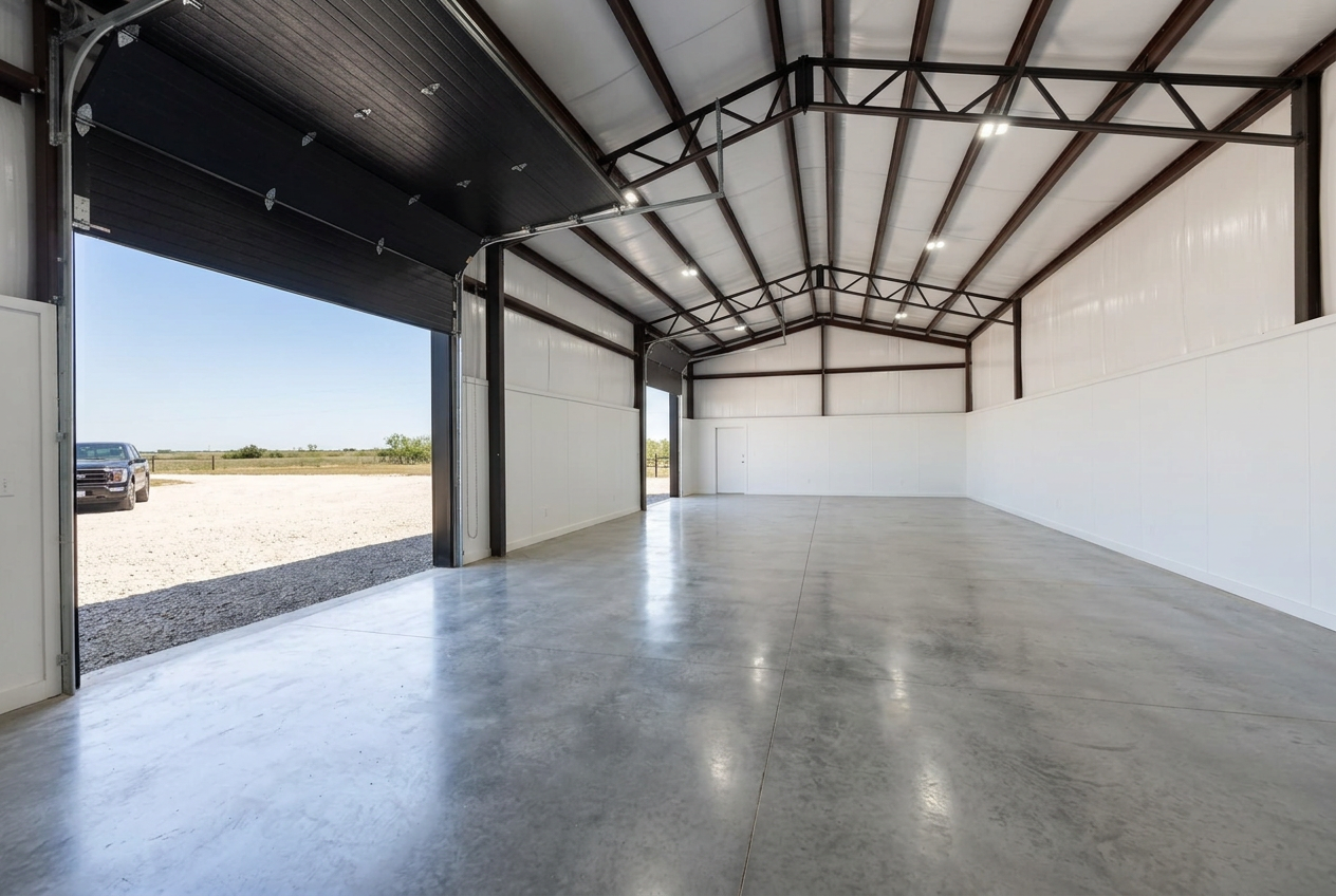 Empty flex suite with concrete slab floor, insulated metal walls, and a black overhead door